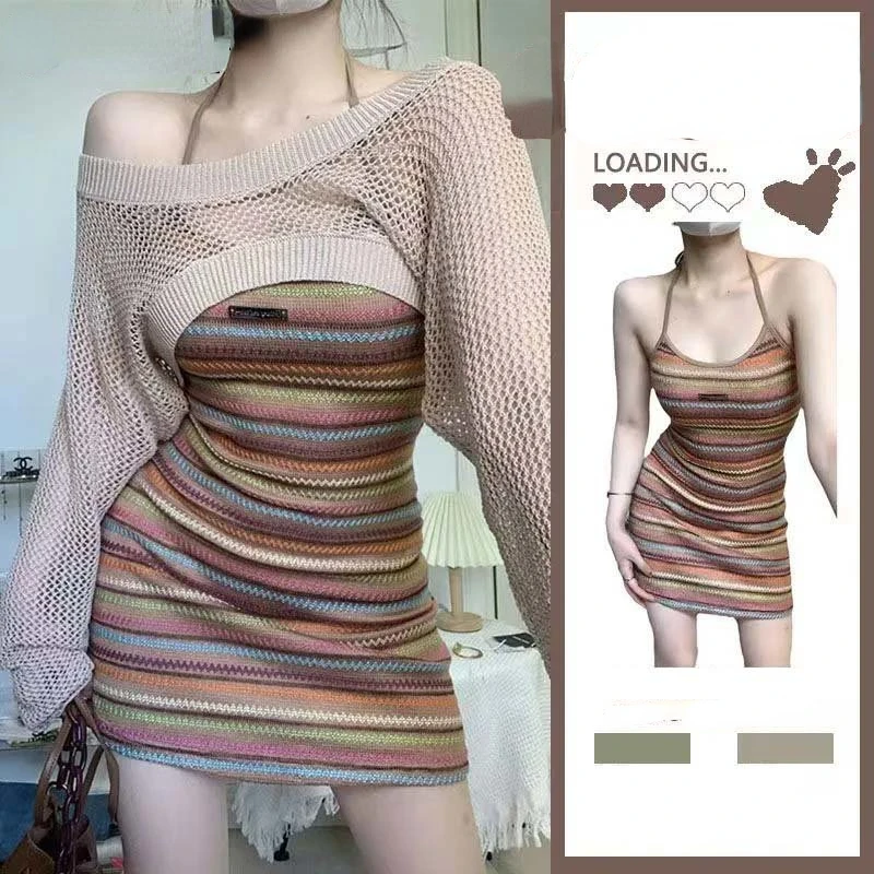 

Slim Striped Knit Strap Dress Hollow Out Thin Knit Pullover Women Sun Protection Shirt Top Hottie Hotsweet Sexy Summer 2023
