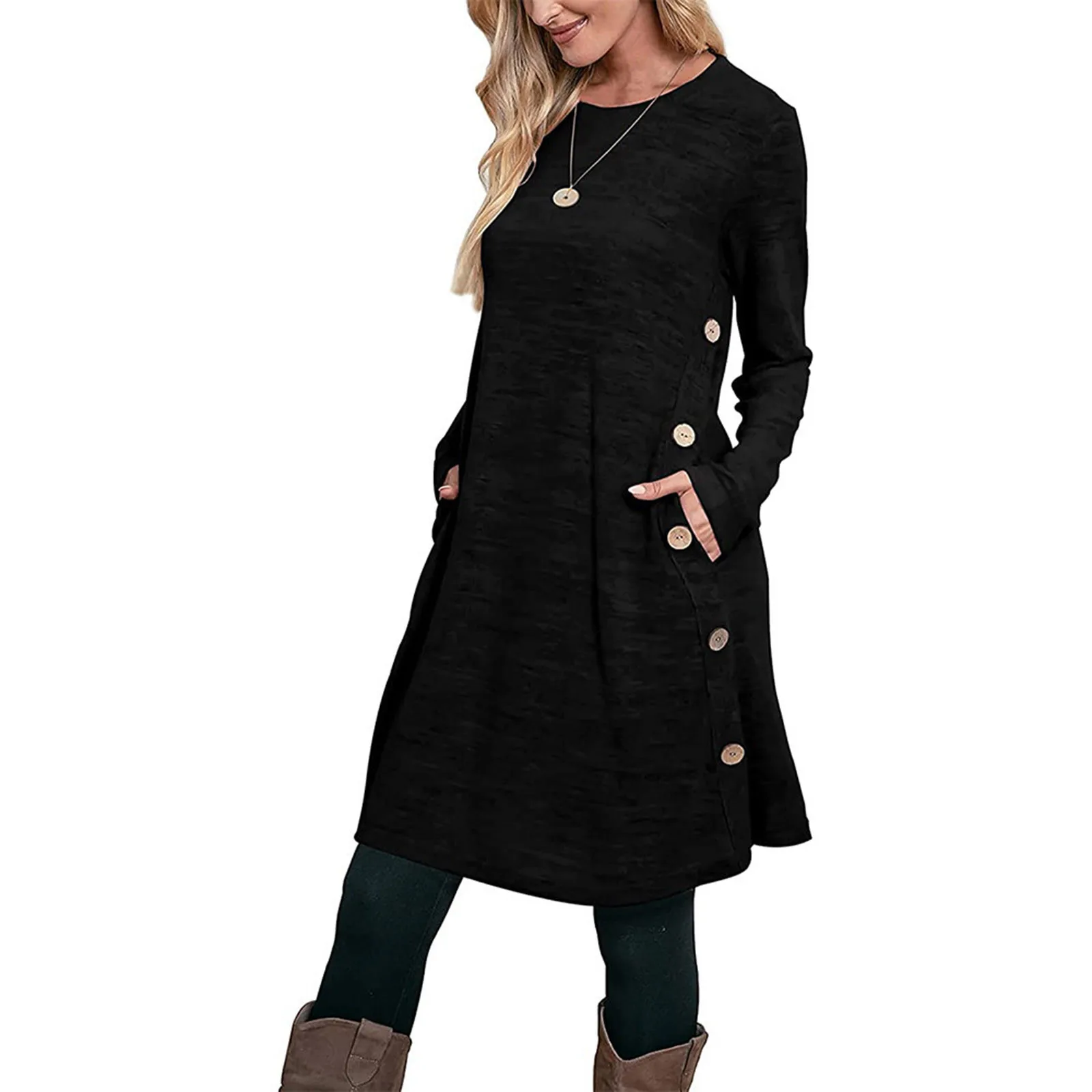 

Ladies Round Neck Long Sleeve Dress Colorful Cotton Knit Buckle Pocket A Line Fashion Dress Little Dress for Women