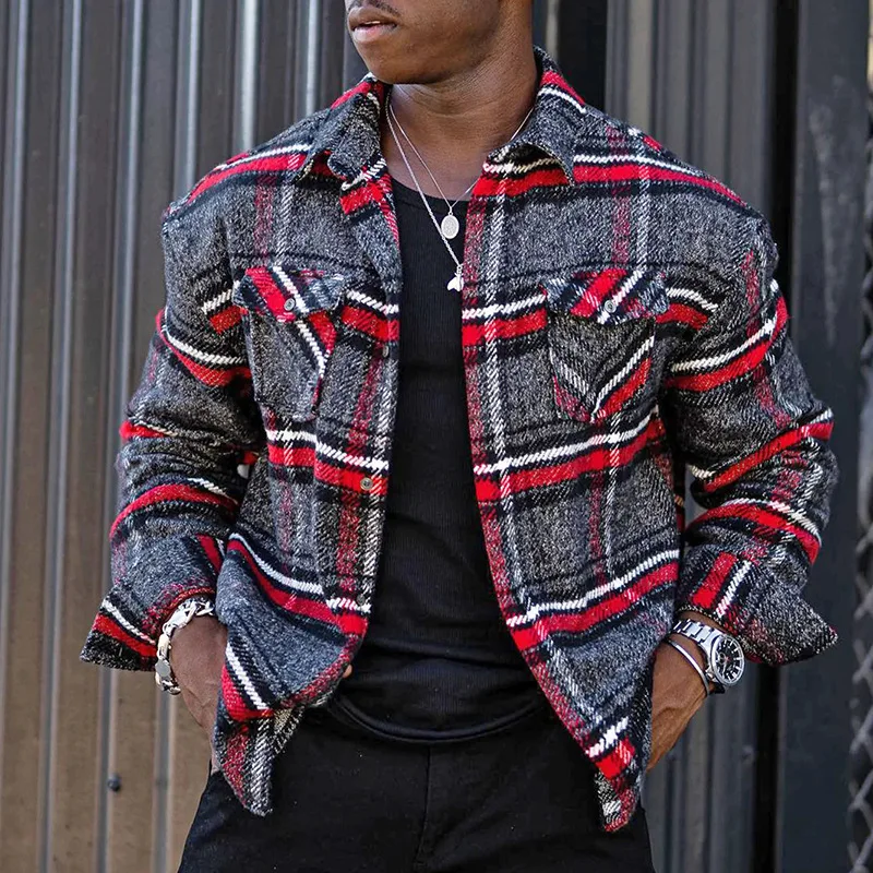 

Men New Retro Jacket European and American Fashion Casual Classic Shirts Plaid Single Breasted Loose and Comfortable Daily Coat