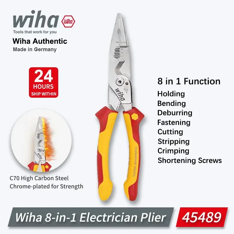 

Wiha 45489 Многофункциональные инструменты для зачистки изолированных проводов 8-в-1 для промышленных электриков, остроконечные обжимные и кусачки, 1000 В VDE