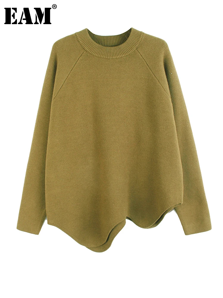 

[EAM] Green Big Size Irregular Knitting Sweater Round Neck Long Sleeve Women Pullovers New Fashion Autumn Winter 2023 1DF2543