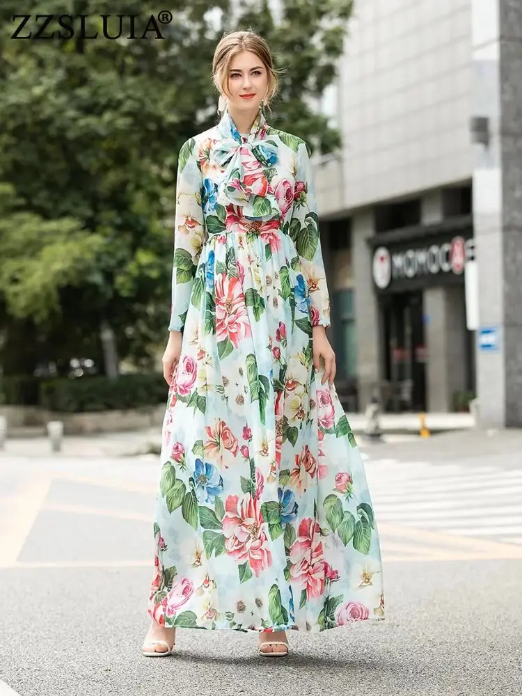 

ZZSLUIA Bohemia Maxi Long Dresses Rose Flower Printed Scarf Designer Slim Elegant Dress Fashion Long Sleeve Women's Clothing
