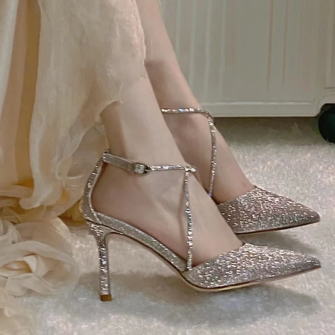 Summer Women Elegant Thin 7cm Heels Sandals Office Lady Dress Shoes Buckle Metal Chain Beauty Woman Pumps