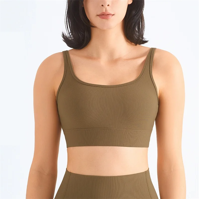 Solid Color Fitness Bra Ribbed Square Neck Back Buckle Gym Tights Sexy Sport Tank Top Soft Shockproof Tight Tank Female Bralette