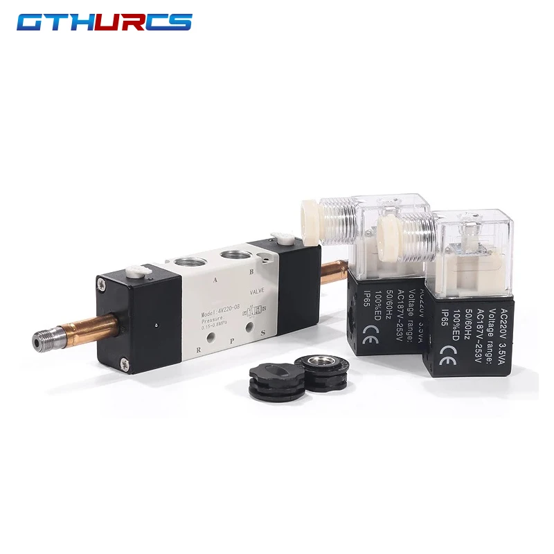 Solenoid valve 4v220-08 Air 5 Way 2 Position 1/4" Air Pneumatic Control Valve Double Coil DC12V 24V AC220V 110V With PC Fitting images - 6