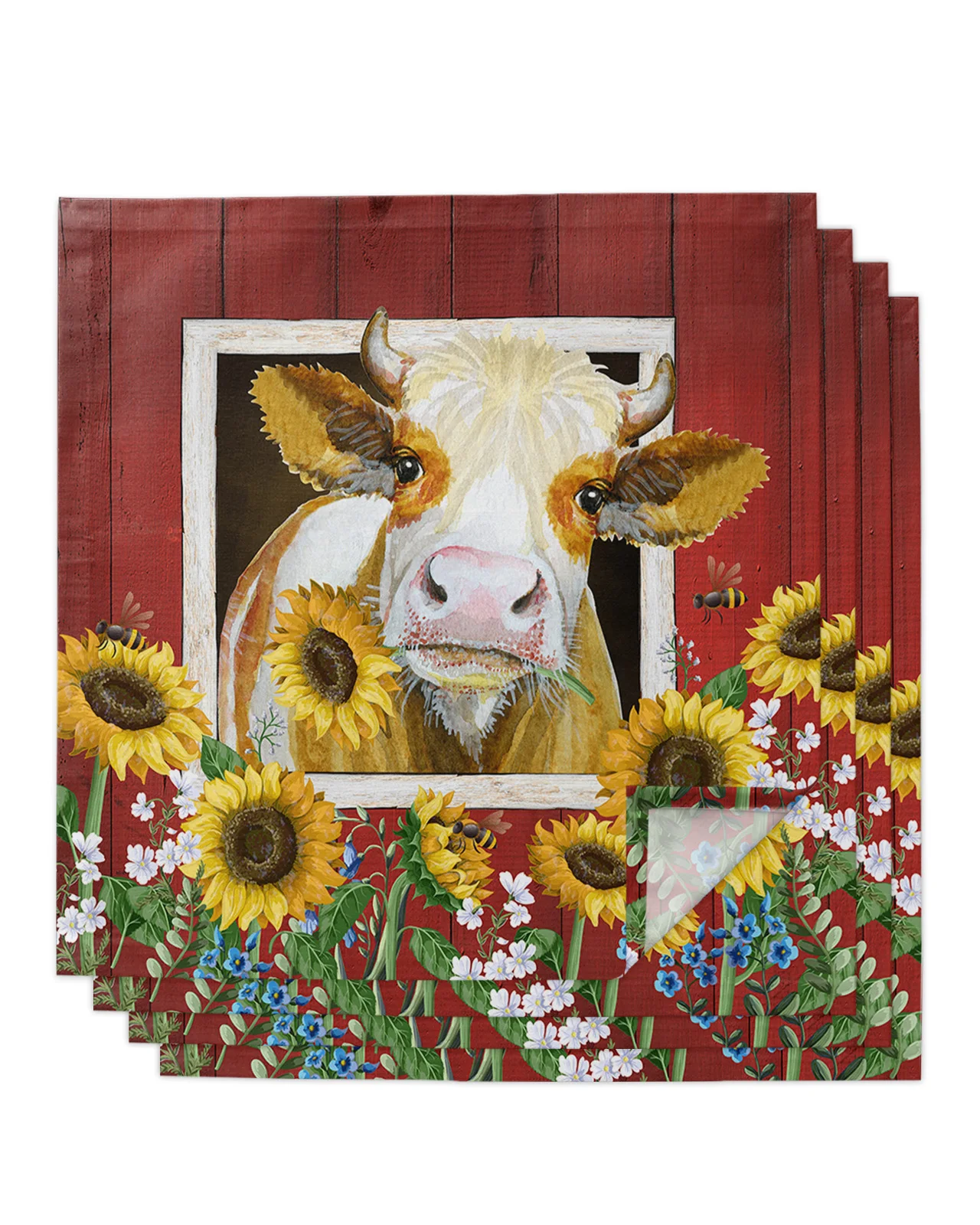 

4pcs Cow And Sunflower Farm Idyllic Barn Square 50cm Table Napkin Wedding Decoration Table Cloth Kitchen Dinner Serving Napkins