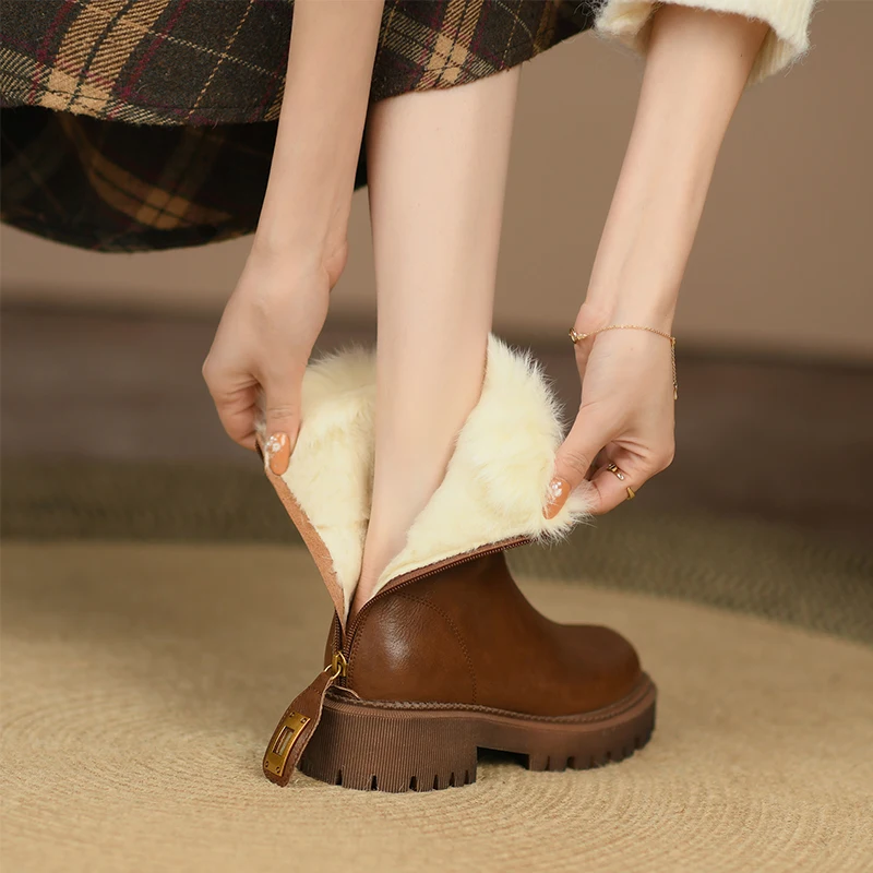 

Retro Style Brown Women's Shoes Thickened Ankle Boots Warm 2022 Winter Thick-soled Snow Boots