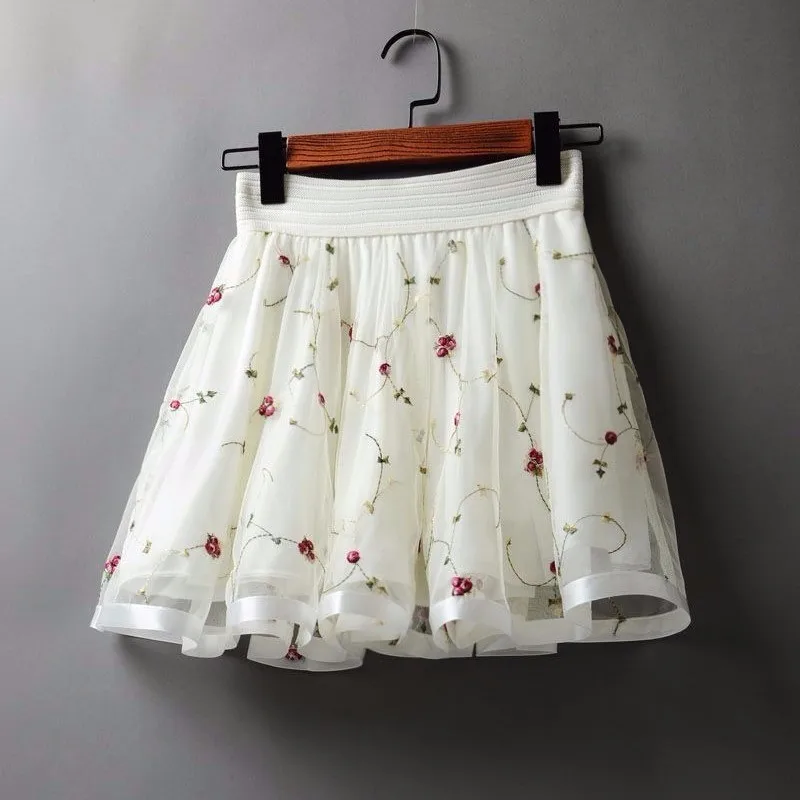 Korean Women's High Waist Elastic Embroidered Mesh Skirt Sweet Ladies Fluffy Gauze Mini Skirt Women A-line Umbrella Short Skirt