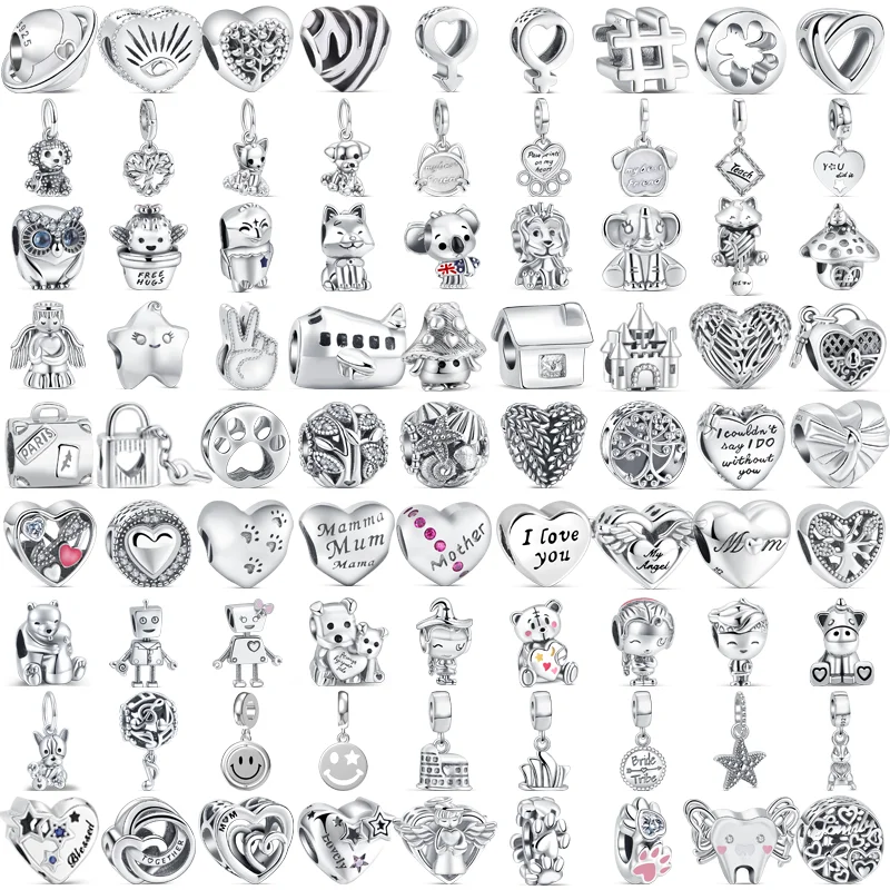 

925 Silver Cute Cat Dog Paw Print Boy Girl Angel Family Tree Simple Beads Fit Original Charms Bracelet Women DIY Jewelry