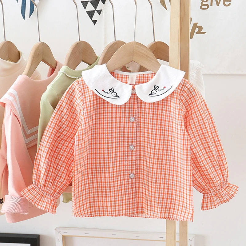 

Comfortable Autumn Casual Shirts Toddler Girls' Long Sleeve Plaid Shirt Kids Vintage Bottoming Shirt Cute Rabbit ears Blouse