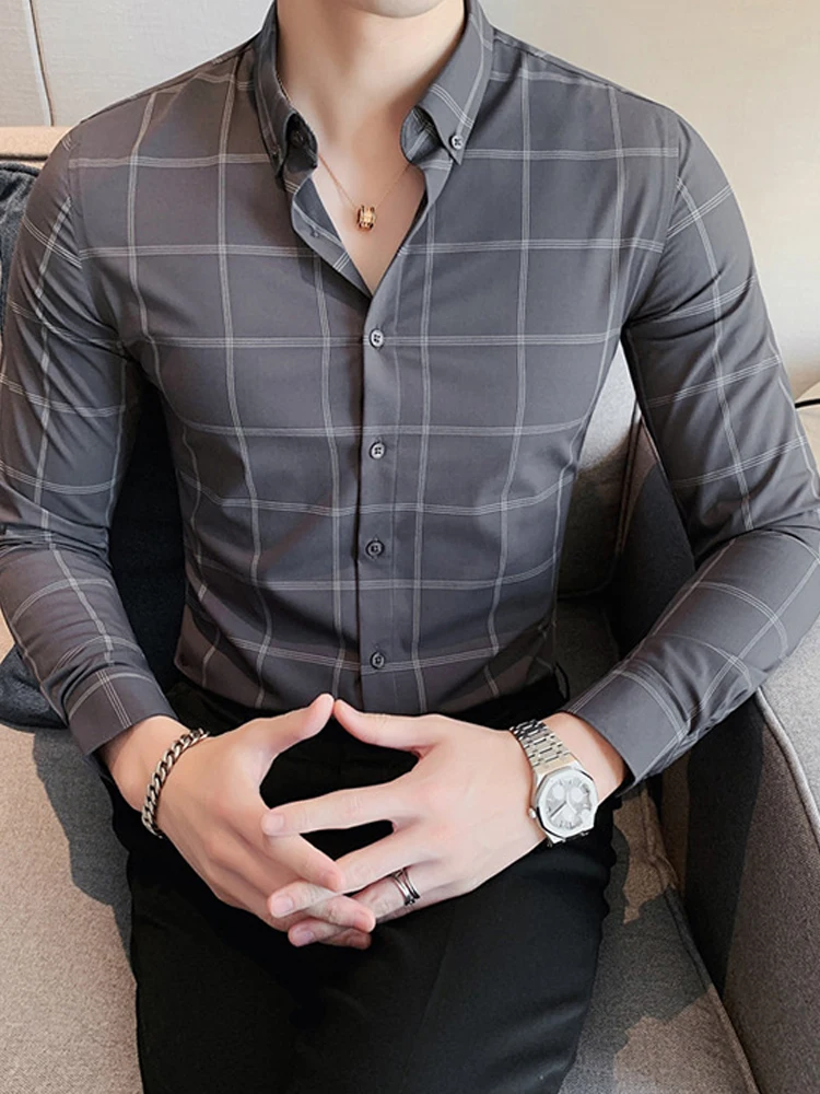

2022 New Boutique Fashion Vintage Plaid Casual Business Slim Long Sleeve Shirts Social Party High-end Brand Men's Shirts