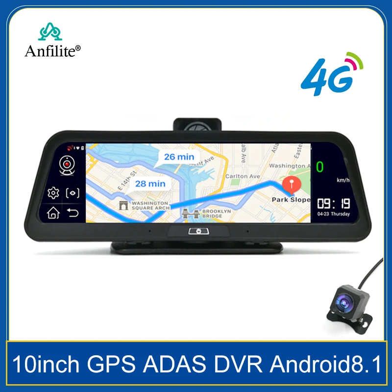 Anfilite 4G Android 10-дюймовый видеорегистратор приборной панели с двумя объективами 2 ГБ