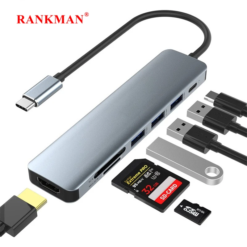 USB C-концентратор Rankman на 4K HDTV USB 3,0 2,0 док-станция Type C SD TF кардридер для MacBook iPad Pro Samsung S21 Dex TV Nintendo Switch