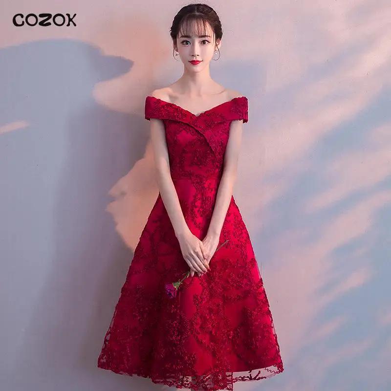 

COZOK Flower Appliques Slash Neck Cheongsam Satin Burgundy Pleated Qipao Women Bandage Wedding Party Dress Gown Elegant Vestidos