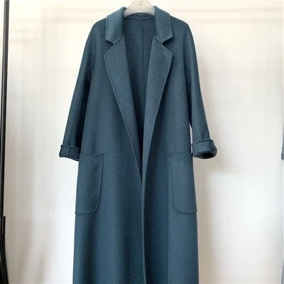 

Women Real Women's Wool Coat Jacket Water Ripple Double-sided Cashmere Coats Belted Trench Coat Female Casaco Feminino