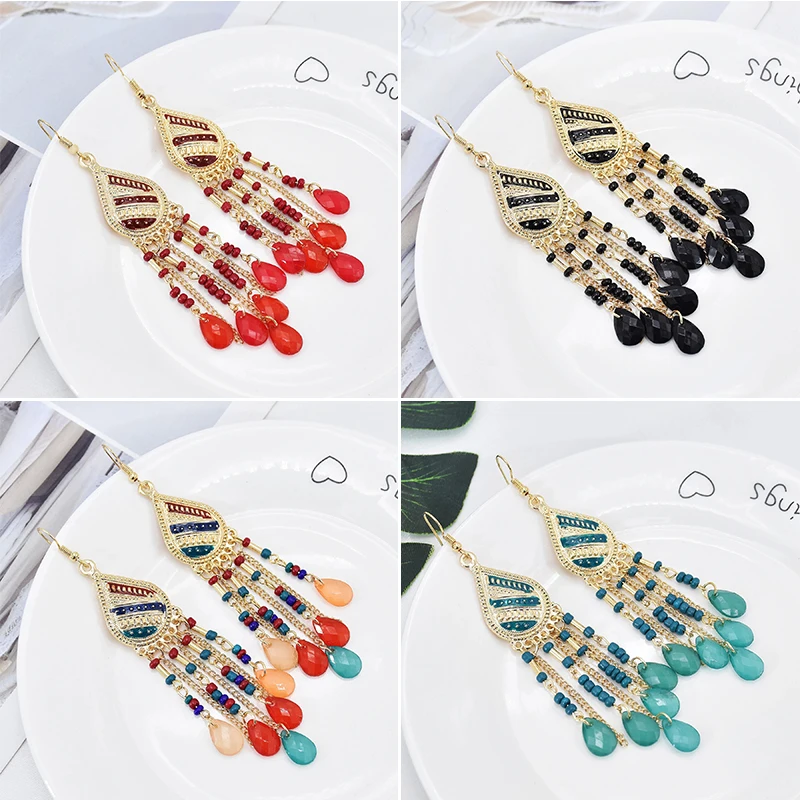 

Bohemian Handmade Long Acrylic Water Drop Dangle Earrings for Women Ethnic Retro Rice Bead Metal Chain Tassel Earring Jewelry