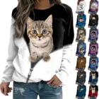 Женские рубашки с длинным рукавом, Футболка с принтом животного, кота, свитшот с круглым вырезом, пуловер, удобные топы, новинка весны 2022