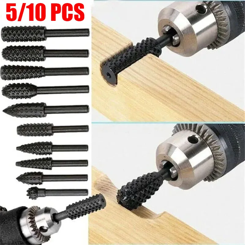 

5/10PCS Rasp File Set Rotary Burr Drill Bit Woodworking Knife Wood Rasp Carving Grinding Embossing Rotary Files Tool Accessories