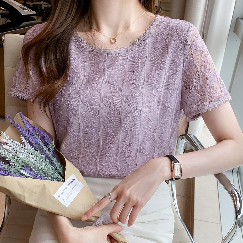 

2022 summer new lace lace round neck temperament slim fitting short sleeve lace shirt female fairy top 012j, 611-7