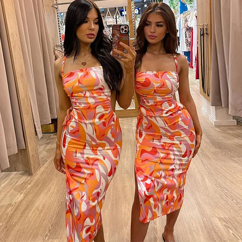 

2022 summer new fashion print backless lace-up slim slip dress