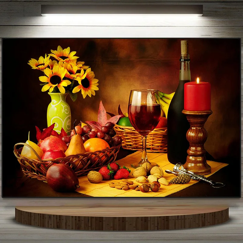 

Картина на холсте «вино и свеча», постер с принтом цветов, большая Настенная картина для ресторана, кухни, домашний декор