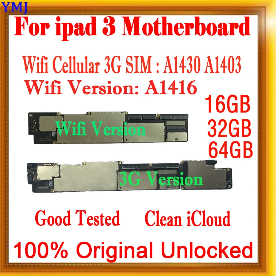 

Clean iCloud for Ipad 3 Motherboard,Original Unlocked for Ipad 3 Mainboard With Full Chips,Wifi /3G Version 16GB / 32GB / 64GB