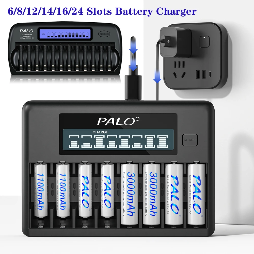 

8/12/14/16/24 Slot Battery Charger with LCD Display Smart Intelligent for AA/AAA NiCd NiMh Rechargeable Batteries aa aaa Charger