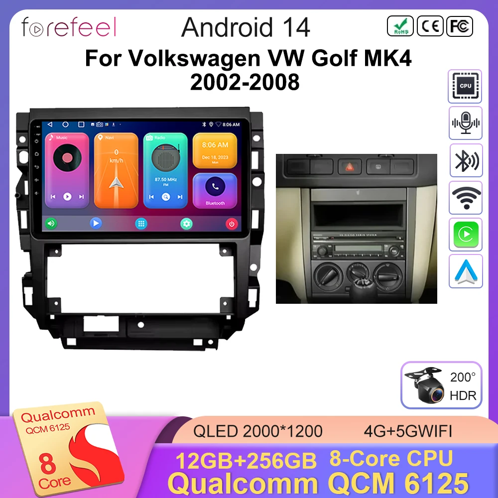 Автомобильный радиоприемник мультимедийный плеер для Volkswagen VW Golf MK4 2004-2018 Android 14