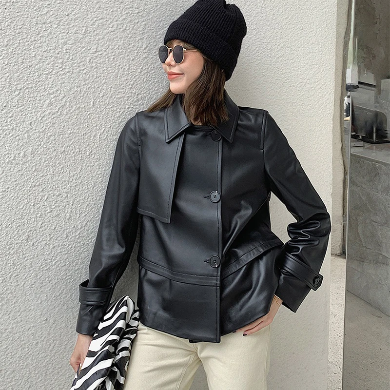 

Sheepskin Coat For Women's Spring and Autumn Casual Lapel Single Breasted Short Motorcycle Windbreaker Genuine Leather Jacket