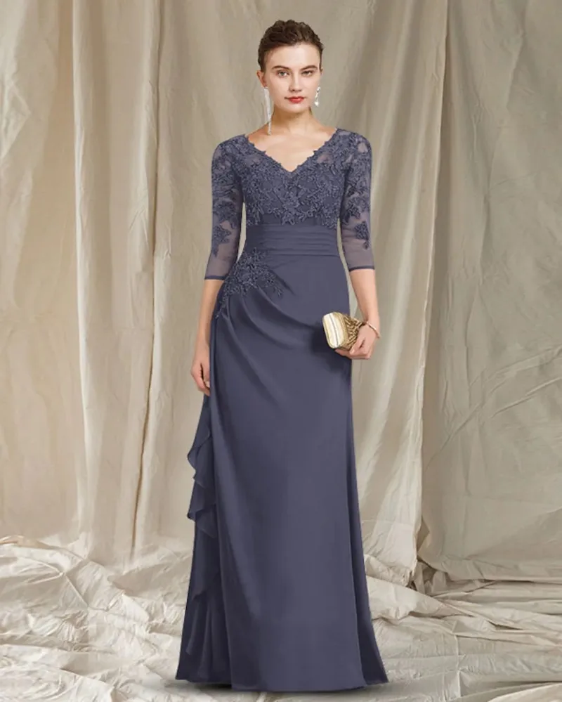 

Gray V-neck Mother of the Bride Dresses Elegant Floor Length Chiffon 3/4 Sleeves Bridal Party Gowns Customed Robe De Soiree