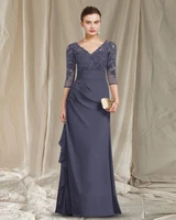 gray v neck mother of the bride dresses elegant floor length chiffon 34 sleeves bridal party gowns customed robe de soiree