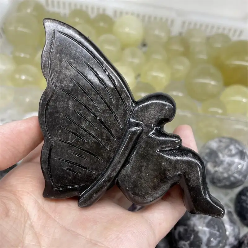 

Natural Silver Obsidian Minerals Hand-Carved Flower Fairy Angel Statue Princess Home Decoration 1pcs