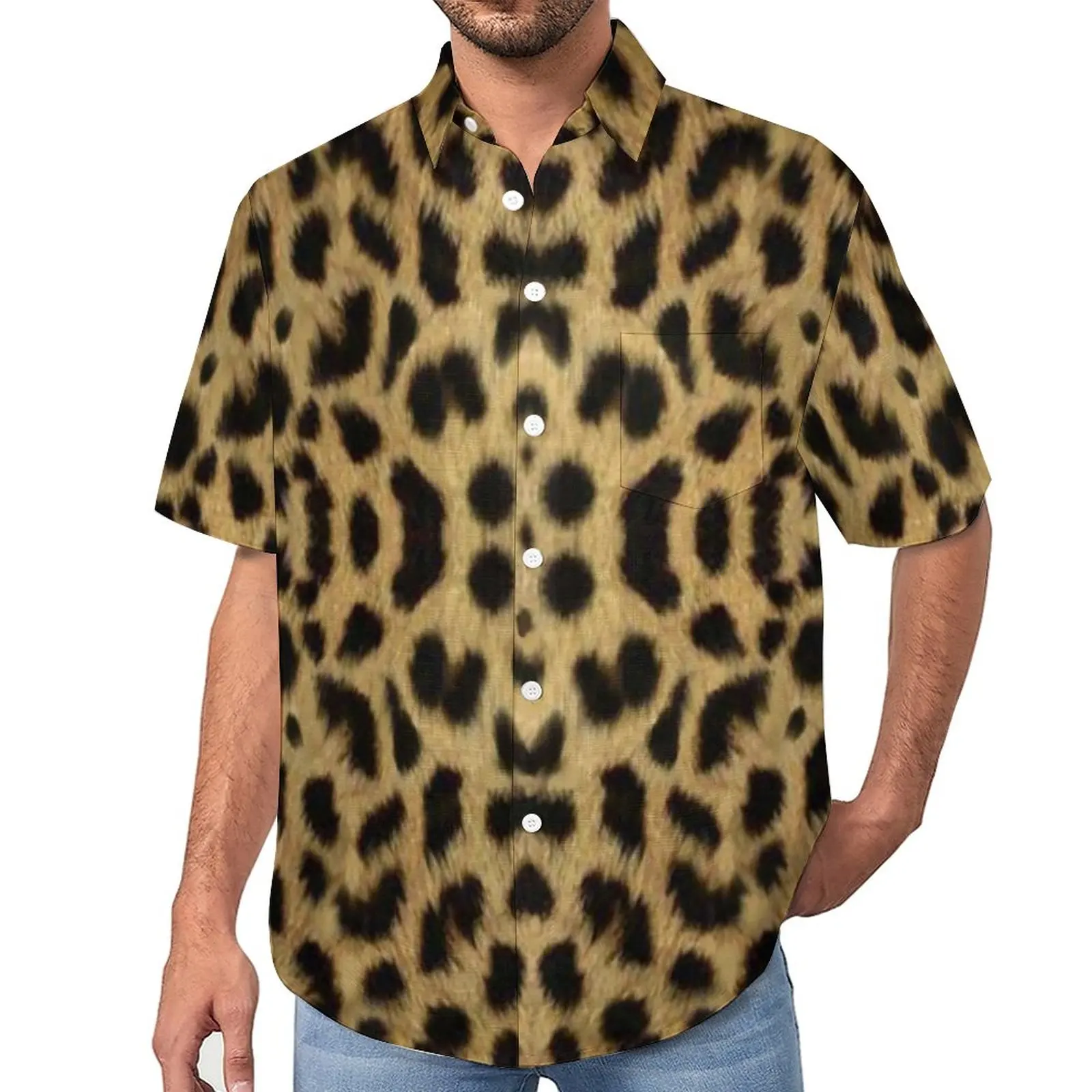 

Trendy Leopard Loose Shirt Men Vacation Animal Print Pattern Casual Shirts Hawaiian Short Sleeve Stylish Oversize Blouses