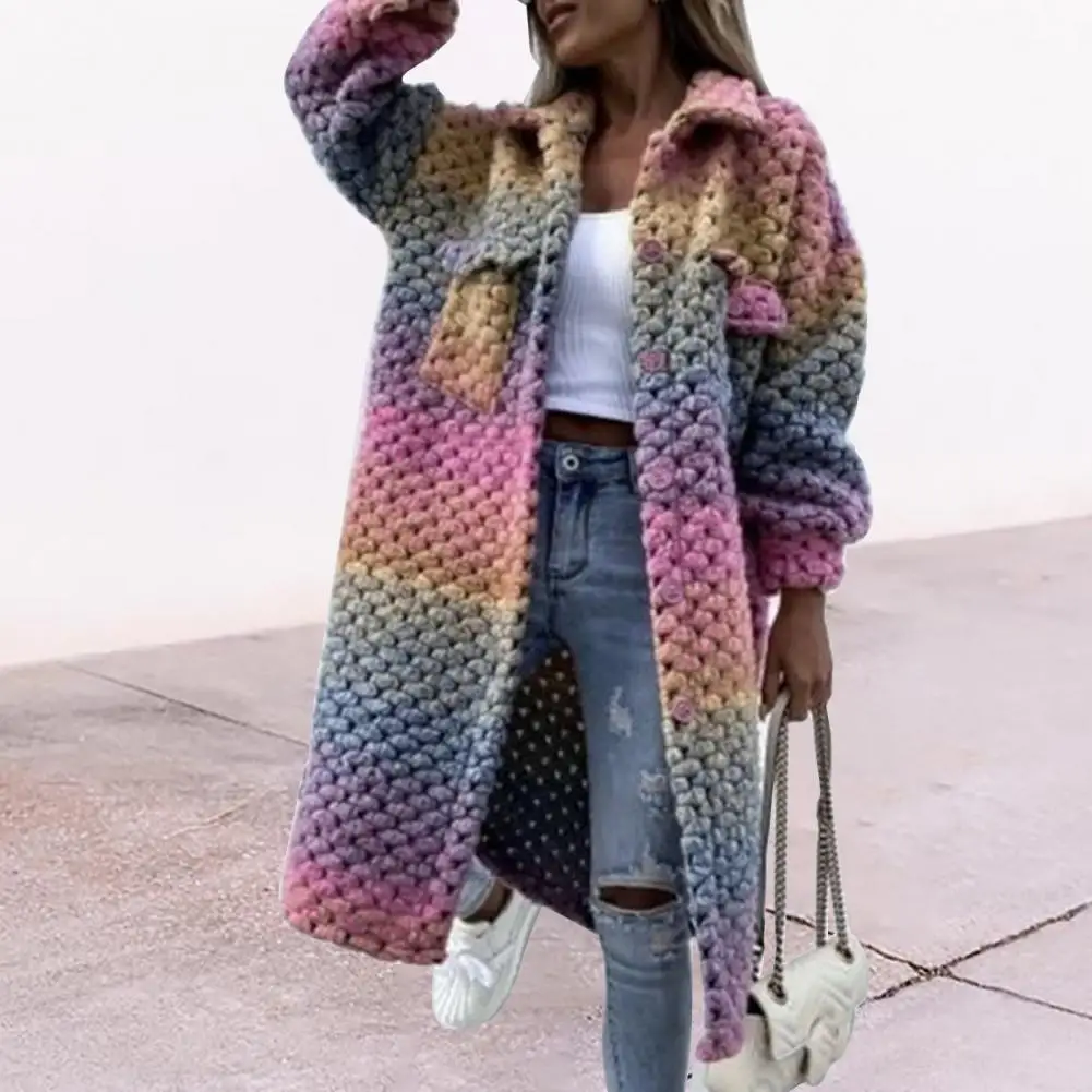 

Attractive Lady Overcoat Buttons Plaid Outerwear Braided Twist Single-breasted Coat