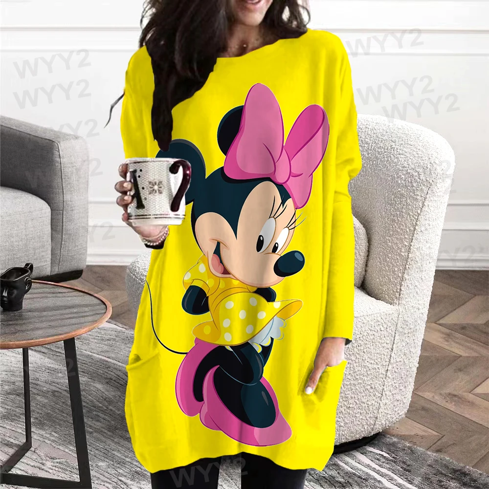 Disney Minnie Mickey Mouse Print Long-sleeved Pocket T-shirt Oversized Streetwear Harajuku Girls New Year's Eve Clothing