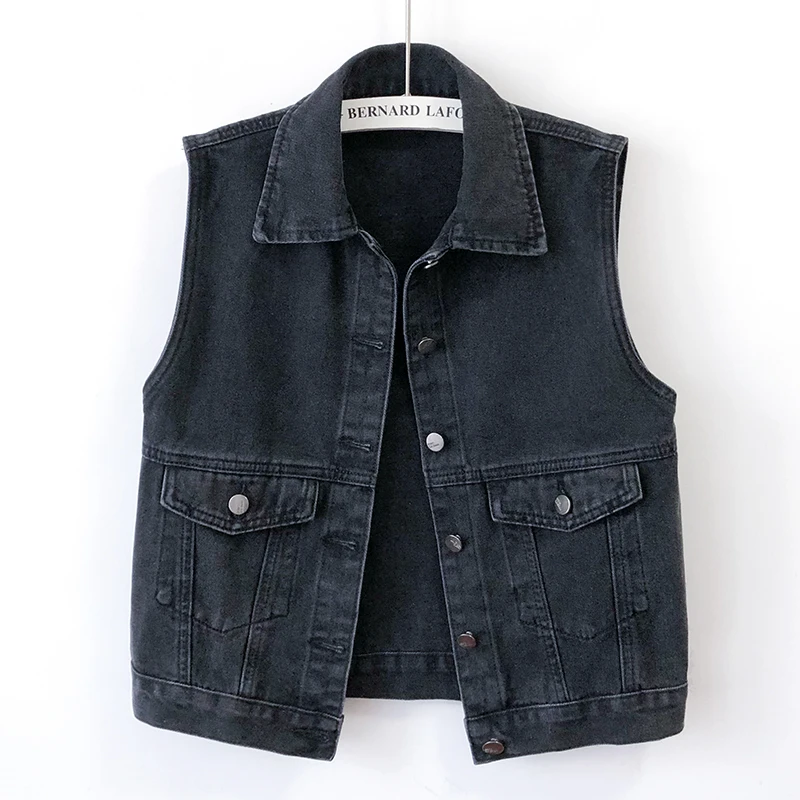 

Korean Fashion Letter Print Denim Vest Women Loose Short Waistcoat Cowboy Sleeveless Jacket Black Big Pocket Jeans Vests Female