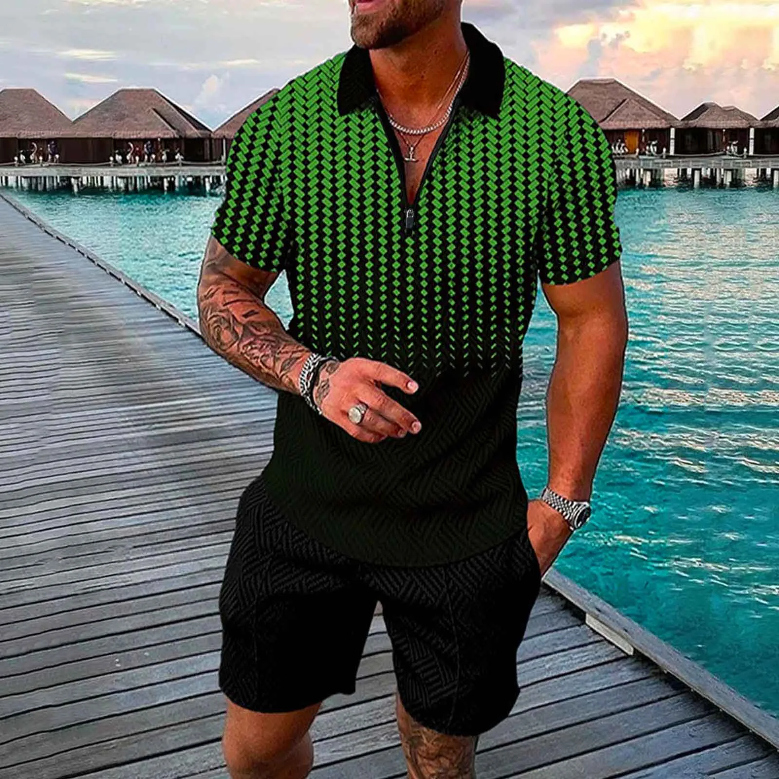 

Рубашка мужская с отложным воротником, короткий рукав, топ, шорты, смокинг, повседневная одежда, брюки, на молнии, лето