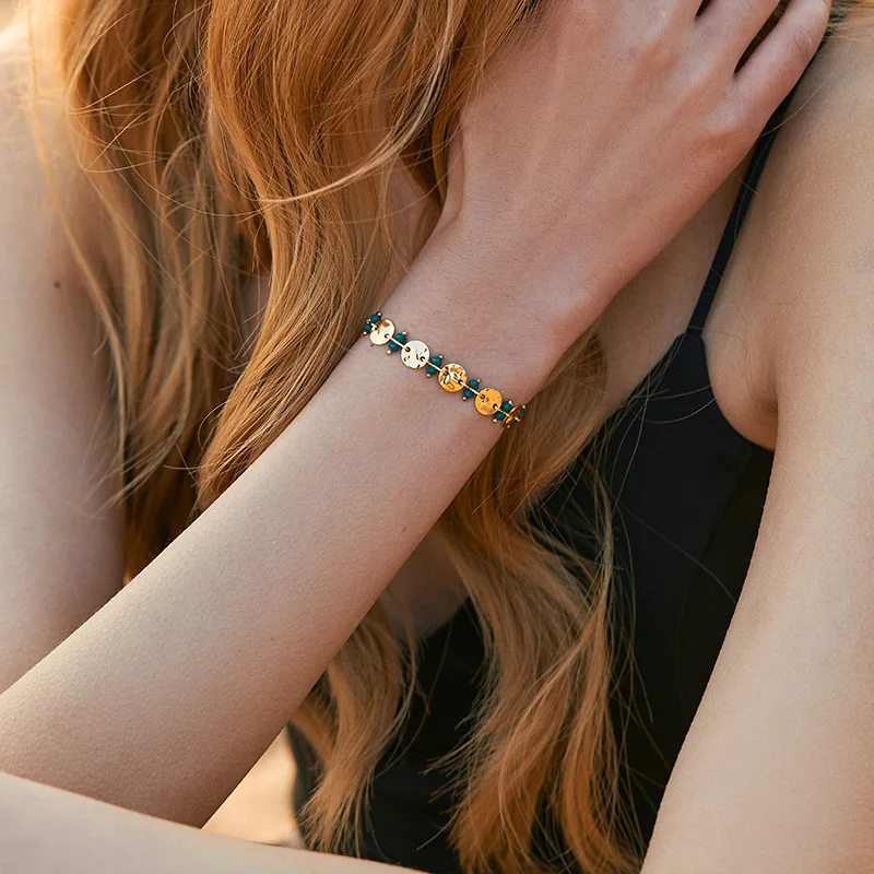 Женский винтажный браслет из нержавеющей стали с зелеными кристаллами