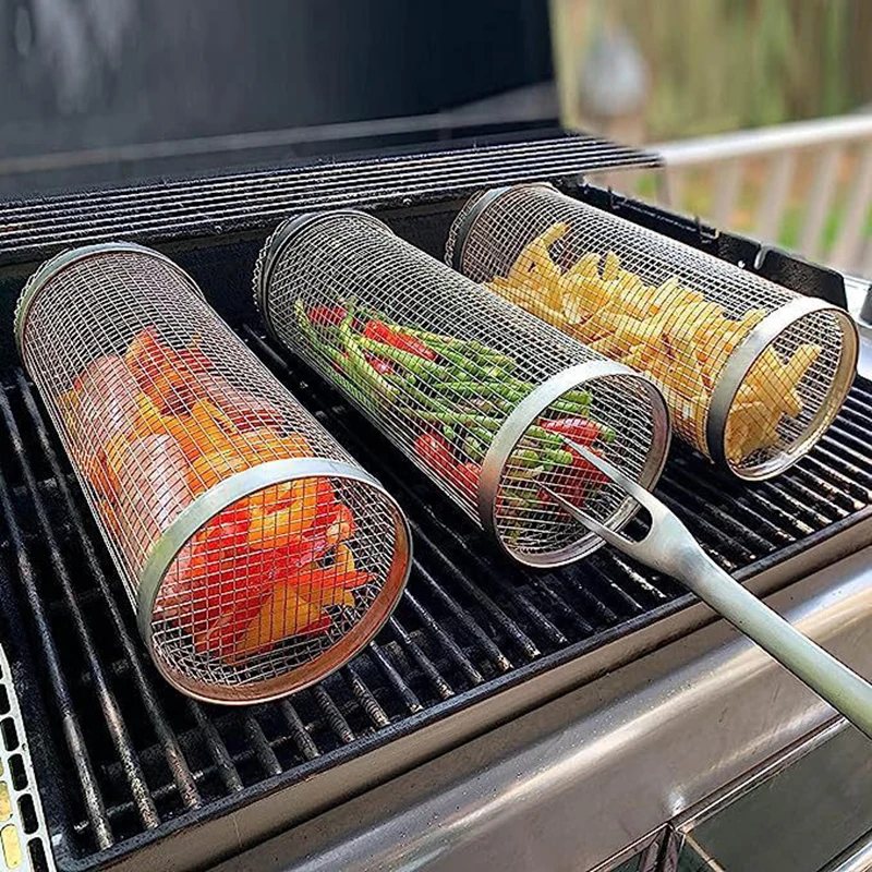 

Picnic Rolling Cylindrical Barbecue Basket Stainless Leakproof Camping Simple Grilling Steel Rack Mesh Outdoor Grill
