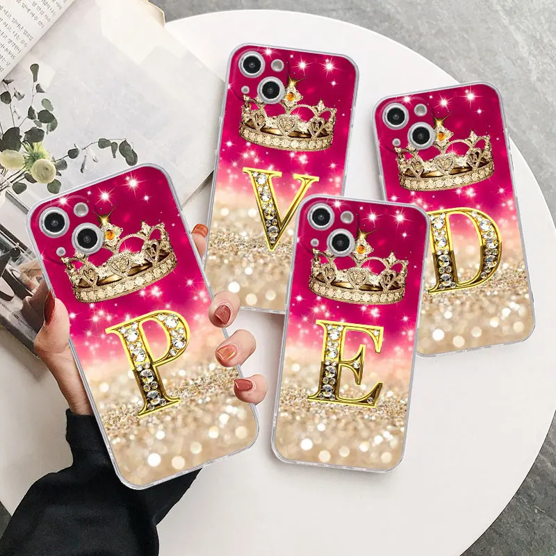 

Phone Case For Apple iPhone 11 14 12 13 Pro Max mini 5 6 6s 7 8 Plus SE X XR XS Silicone Soft Fundas Gold Crown Diamond Alphabet