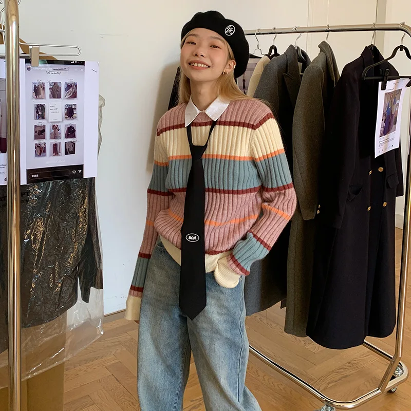 

Ins Sweater New Korean Atmosphere Feeling Round Neck Soft Waxy Thin Inside With Contrasting Color Striped Sweater Top Woman