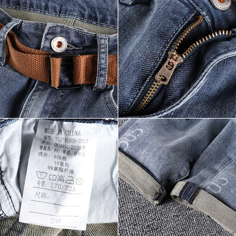 European spring and summer new embroidered letter jeans men's slim fit small feet washed old blue retro trend Capris