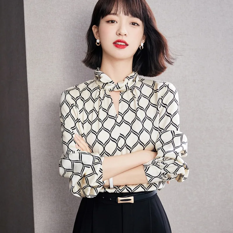 

Шифоновые женские рубашки, лето 2023, новинка, Свободный Повседневный Топ с длинным рукавом и геометрическим рисунком, женская одежда YCMYUNYAN