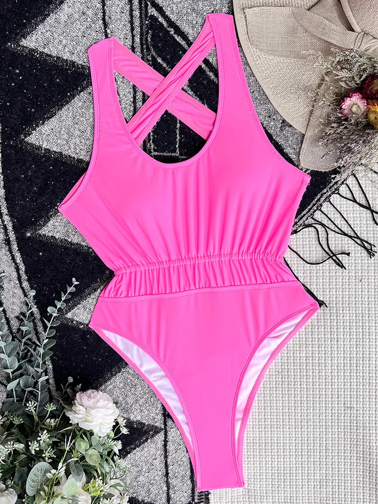 Sexy Wrinkled Cross Backless Female Monokini One Piece Swimsuit Women Swimwear Scrunch Butt Beachwear Bather Bathing Suit Swim