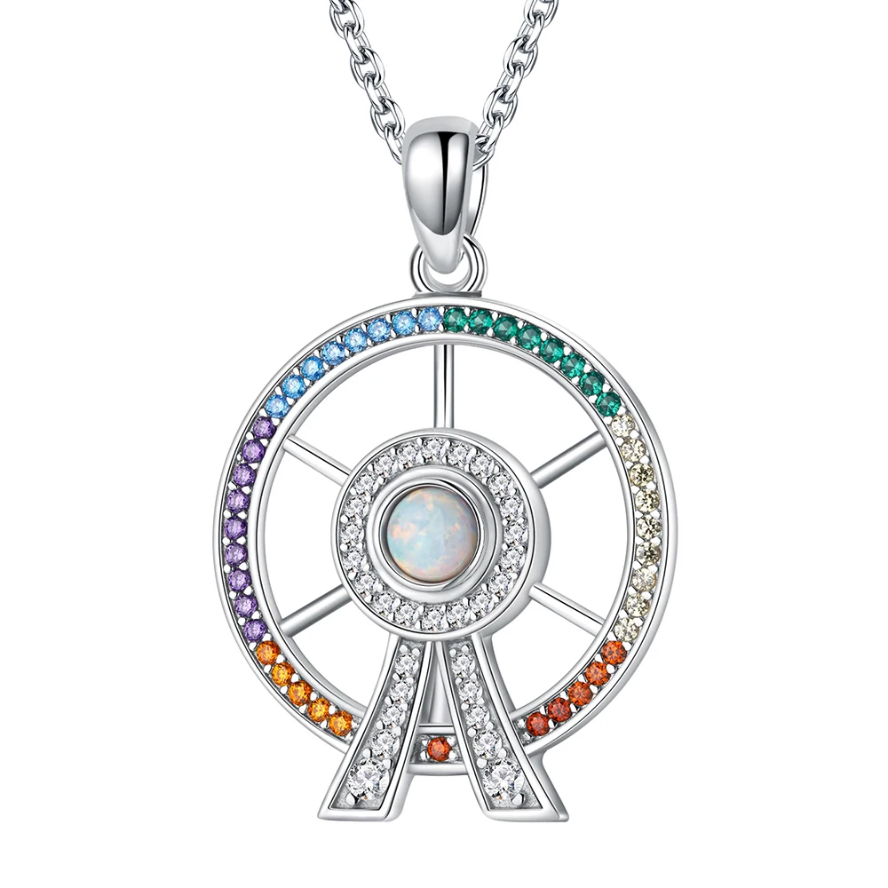

925 Sterling Silver Romantic Ferris Wheel Opal Necklace Dainty Multi Gemstone Pendant Jewelry Christmas Gift For Women Daughter