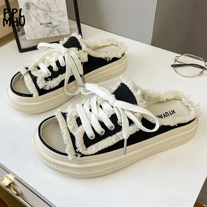 

Round Head Non-Slip Woman Slippers Black Canvas Lace-Up Casual Designer Slides Fashion Summer Hollow Couple Flat Beach Shoes