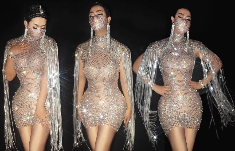 Серебряное блестящее женское платье с бахромой для ночного клуба празднования