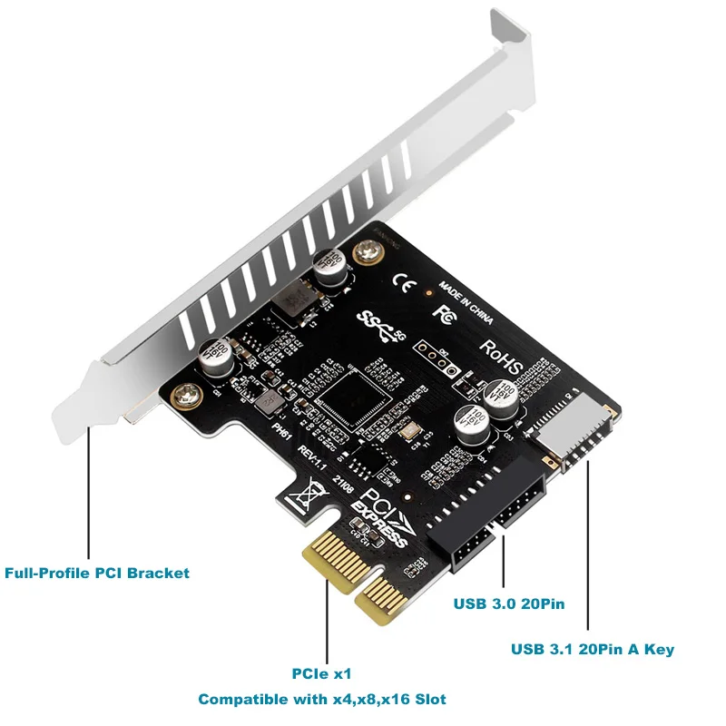 PCIe к USB 3 2 5 Гбит/с Тип E A ключ и 0 20-контактный разъем материнской платы