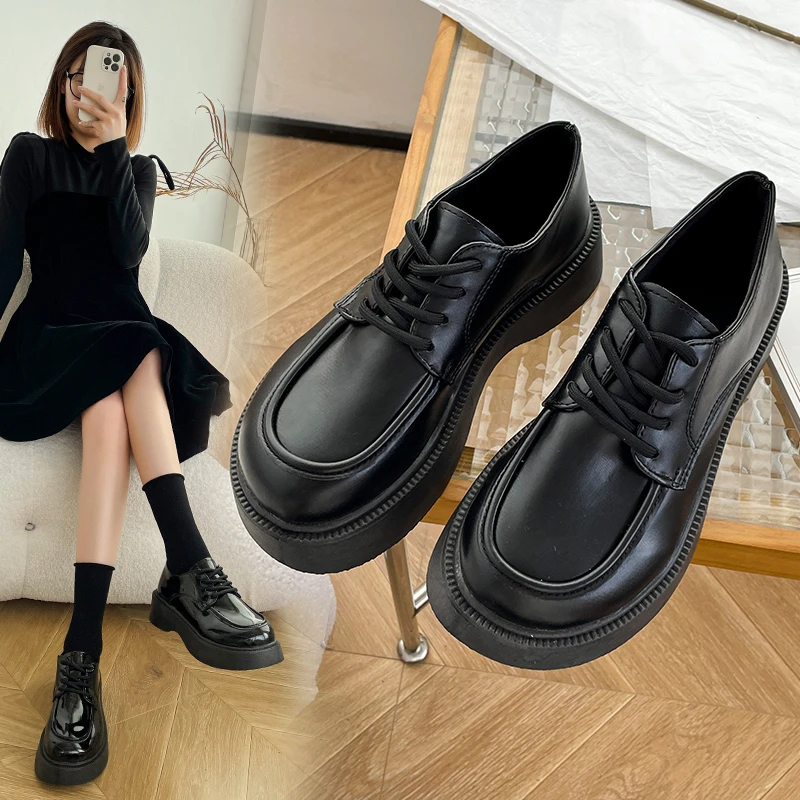 2023 Spring Autumn Women Oxford Shoes Flat on Platform Casual Shoes Black Lace Up Leather Shoes Sewing Round Toe Zapatos Mujer