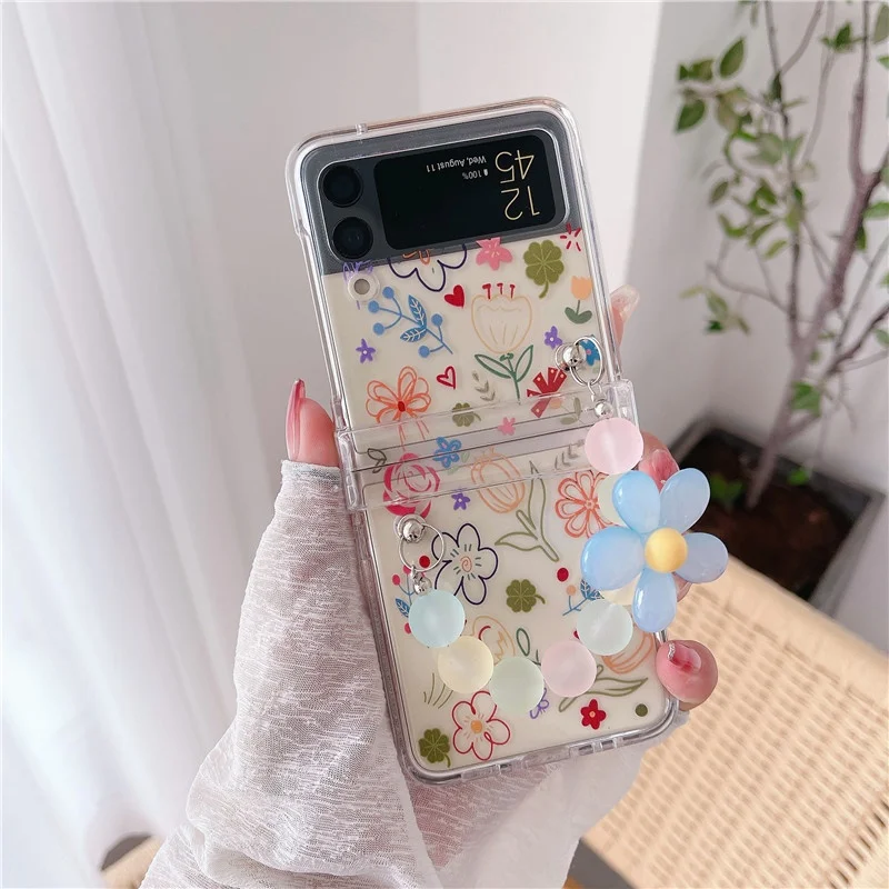 

Cute Flower Painting Phone Case For Samsung Galaxy Z Flip 3 Cover Fashion Crossbody Bead Chain Cases For Z Flip3 5G Shell